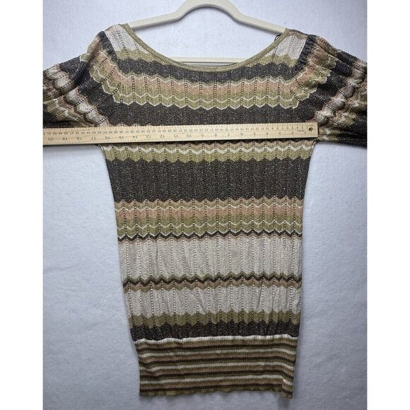 Vtg Bebe Y2K Green Brown Tan Sparkle Multi Zig Zag Scoop Neck Light Sweater Sz S - Picture 6 of 8